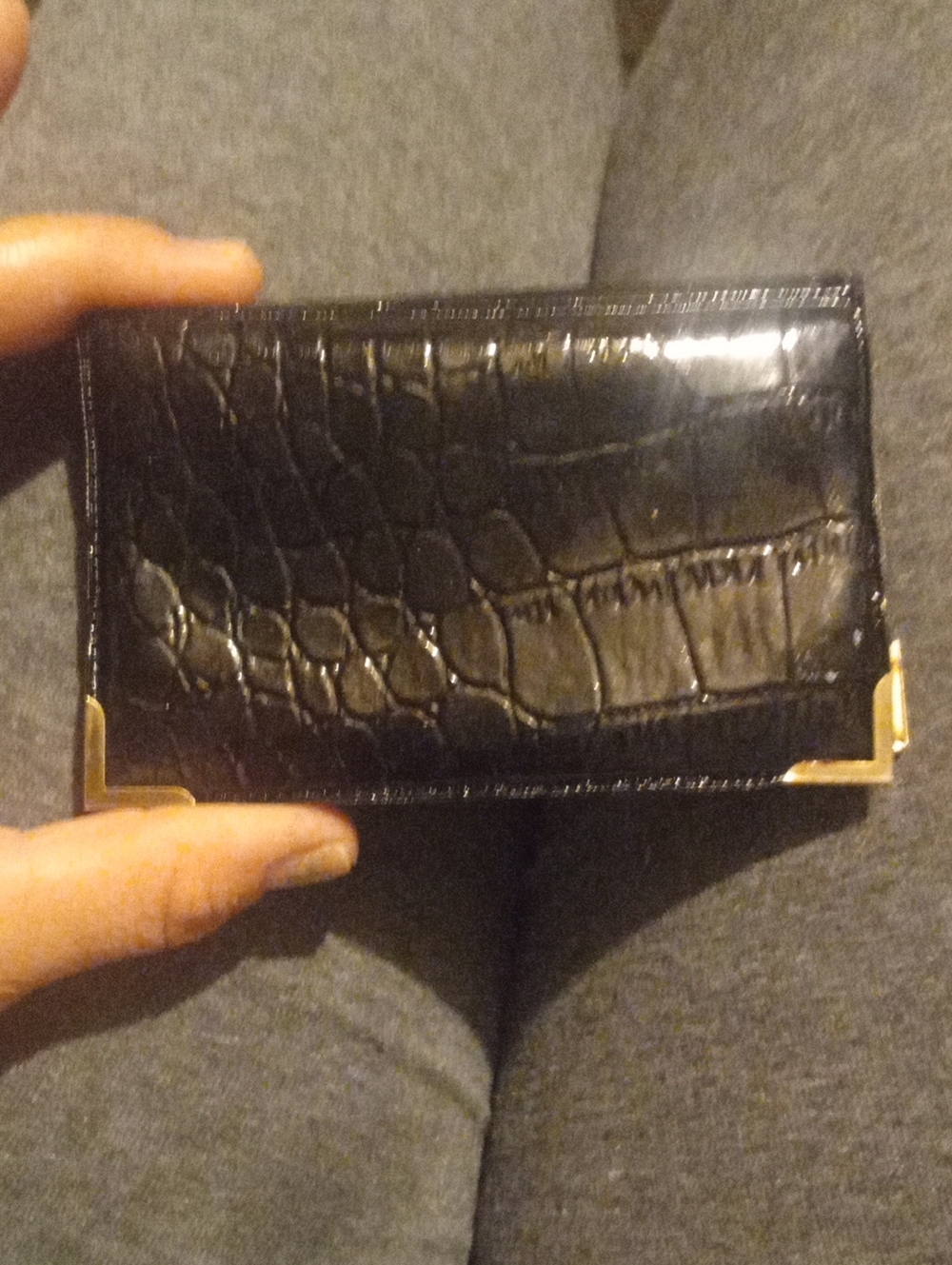 Black Croc-Embossed Card Holder with Gold Corner Accents